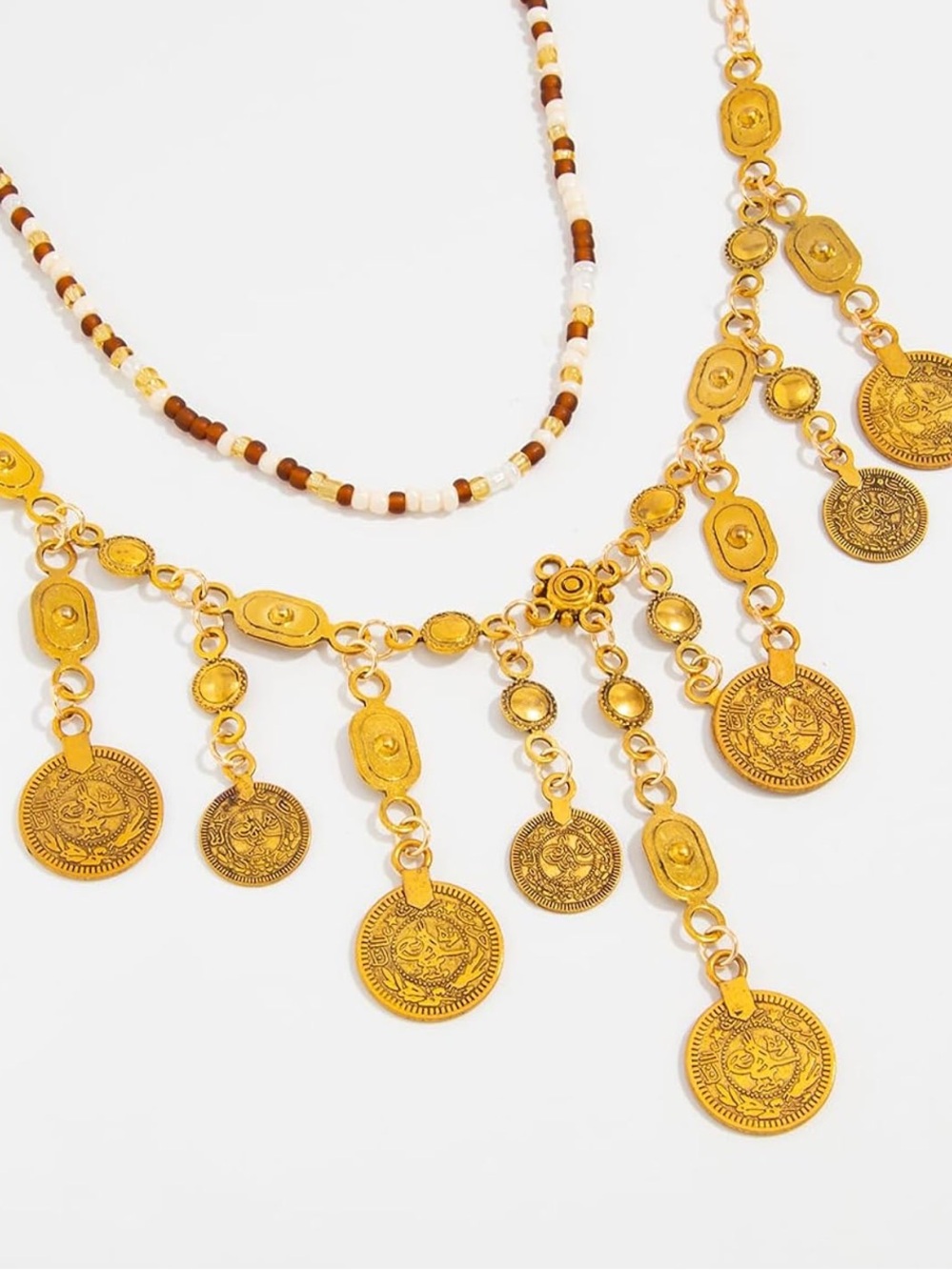 Anthropologie Gold Coin Fringe Layered Necklace with Beaded Choker - Picture 2 of 9